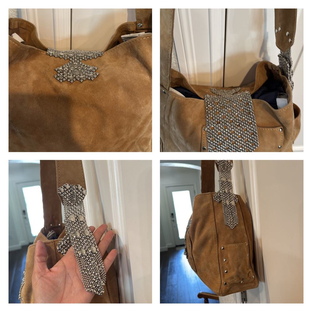 Sergio Gutierrez Liquid Metal collection camel suede crossbody shoulder bag - Picture 14 of 16